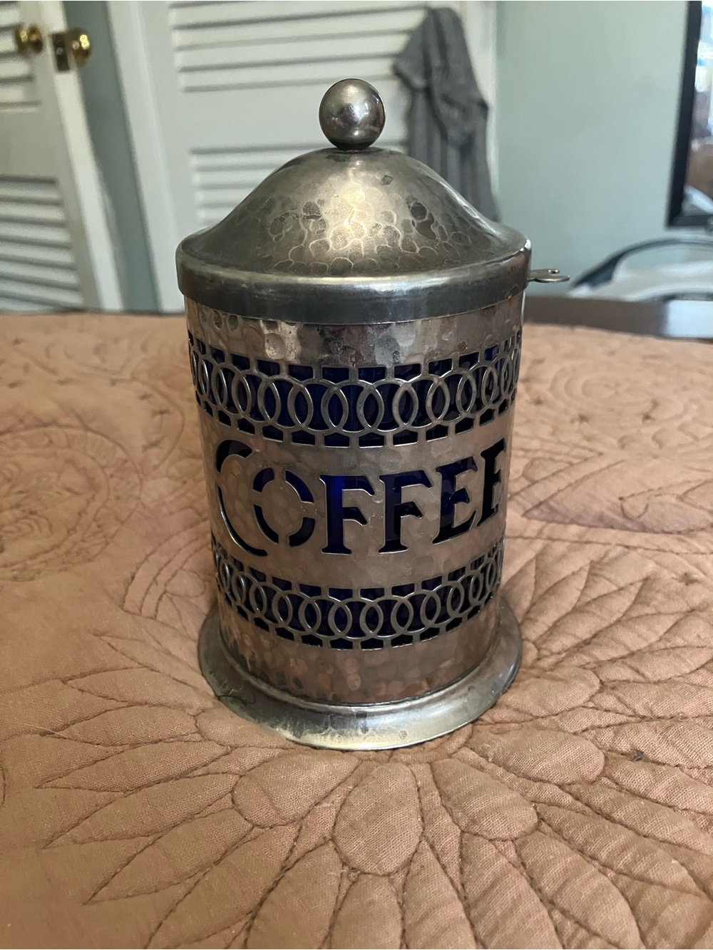 Vintage Silver Plated Coffee Canister With Cobalt Blue Liner